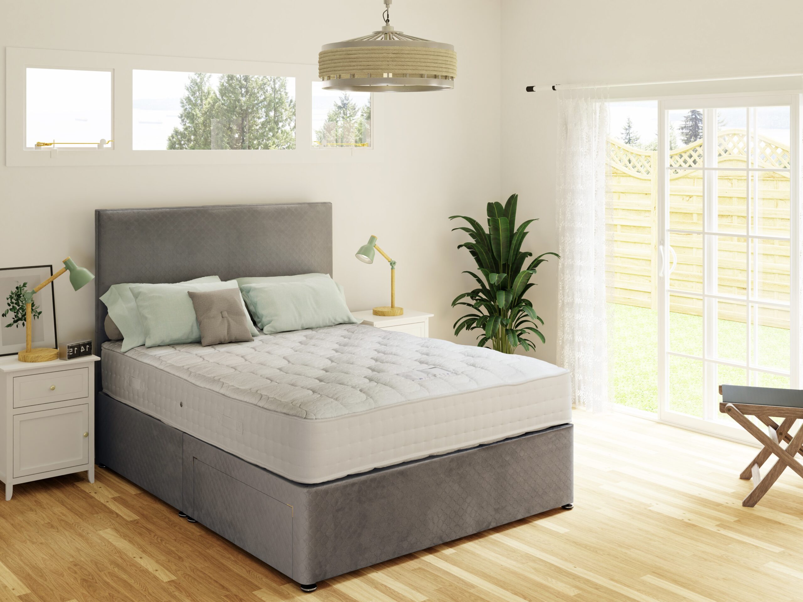 Amalfi mattress on a grey divan in a bright bedroom