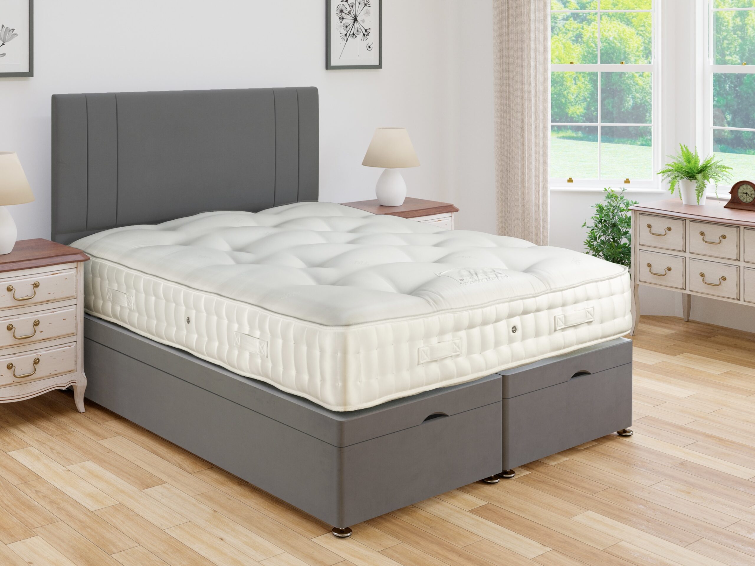 Aurora handmade mattress on a grey divan with a panelled headboard