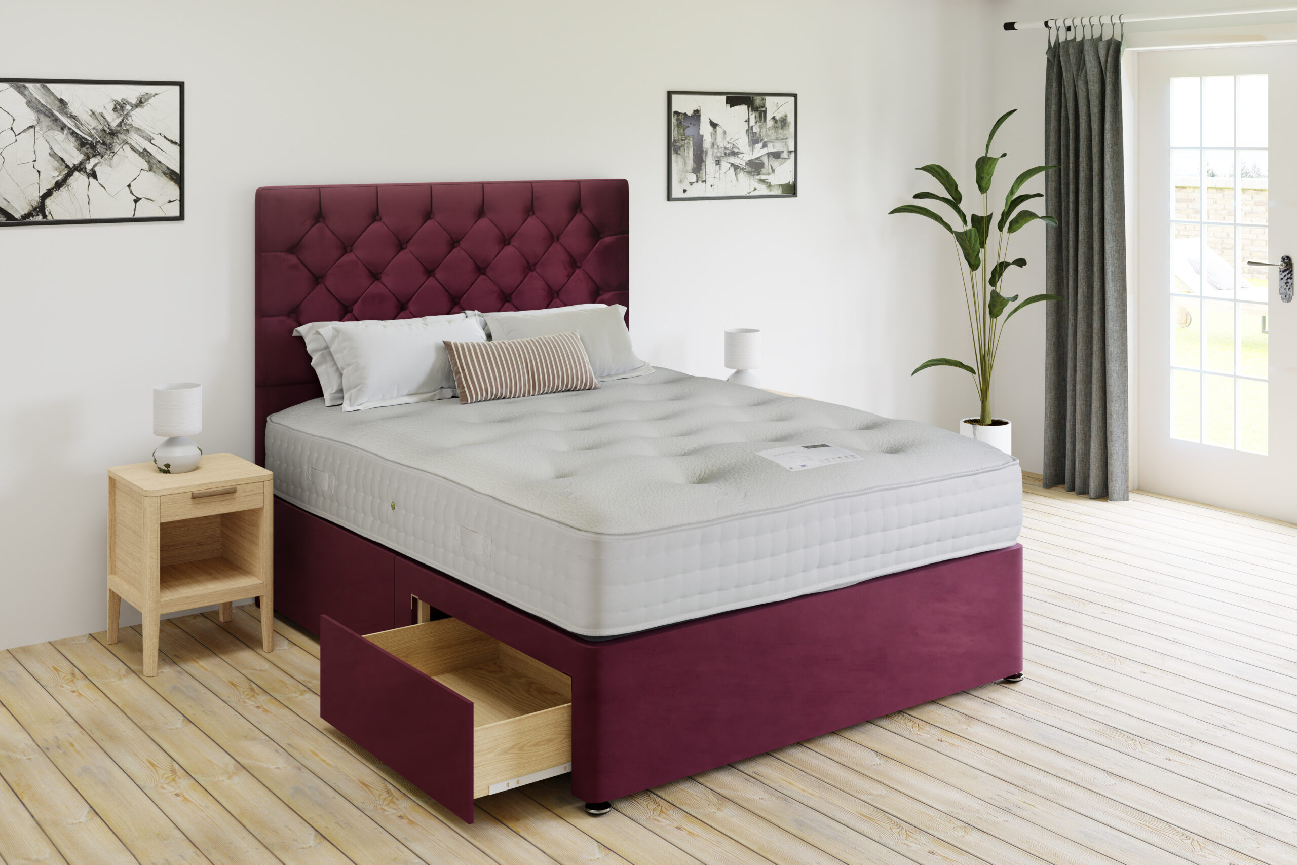 Balmoral mattress on a burgundy drawer divan with a buttoned headboard