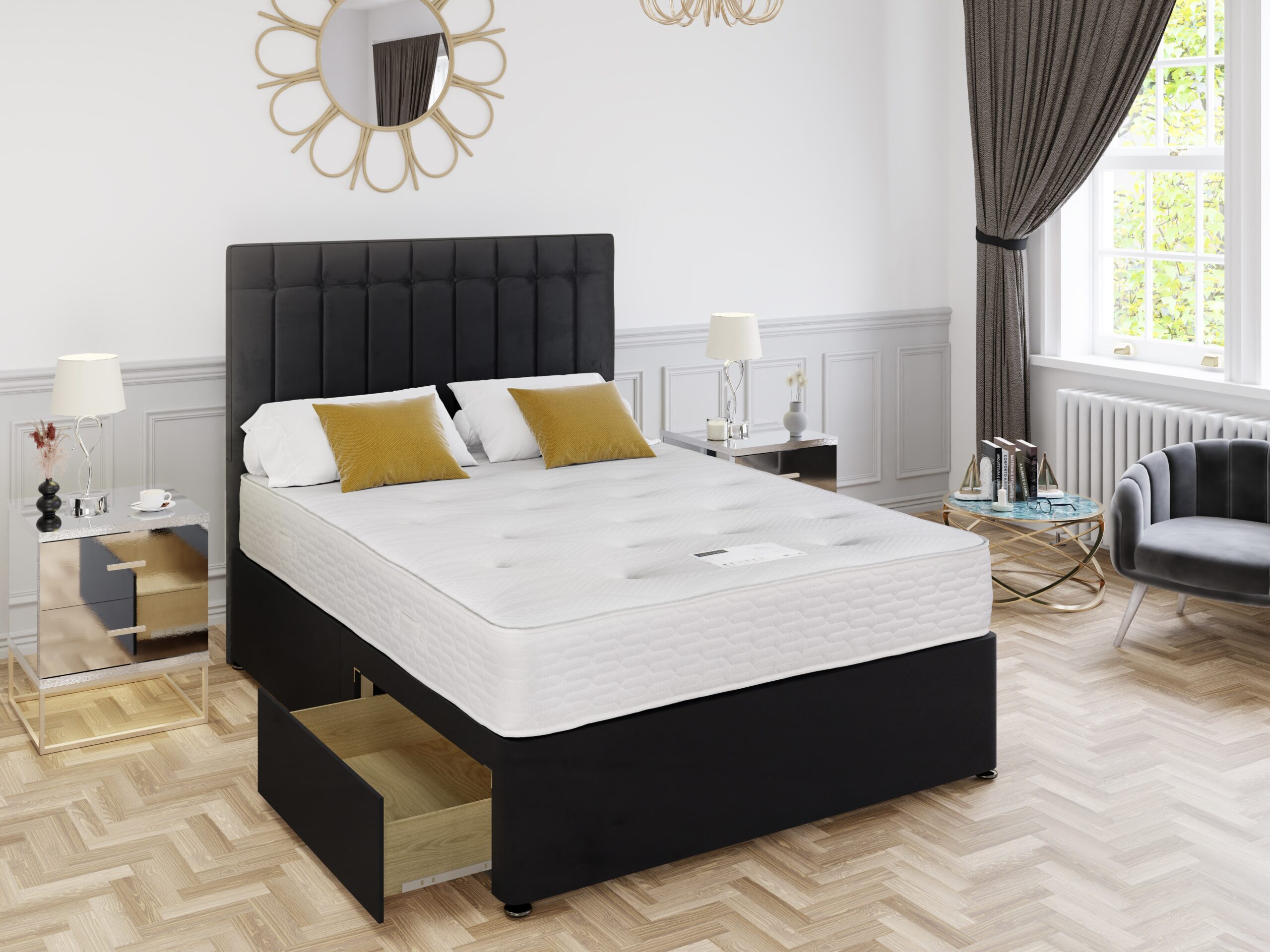Buckingham mattress on a black drawer divan with a panelled headboard