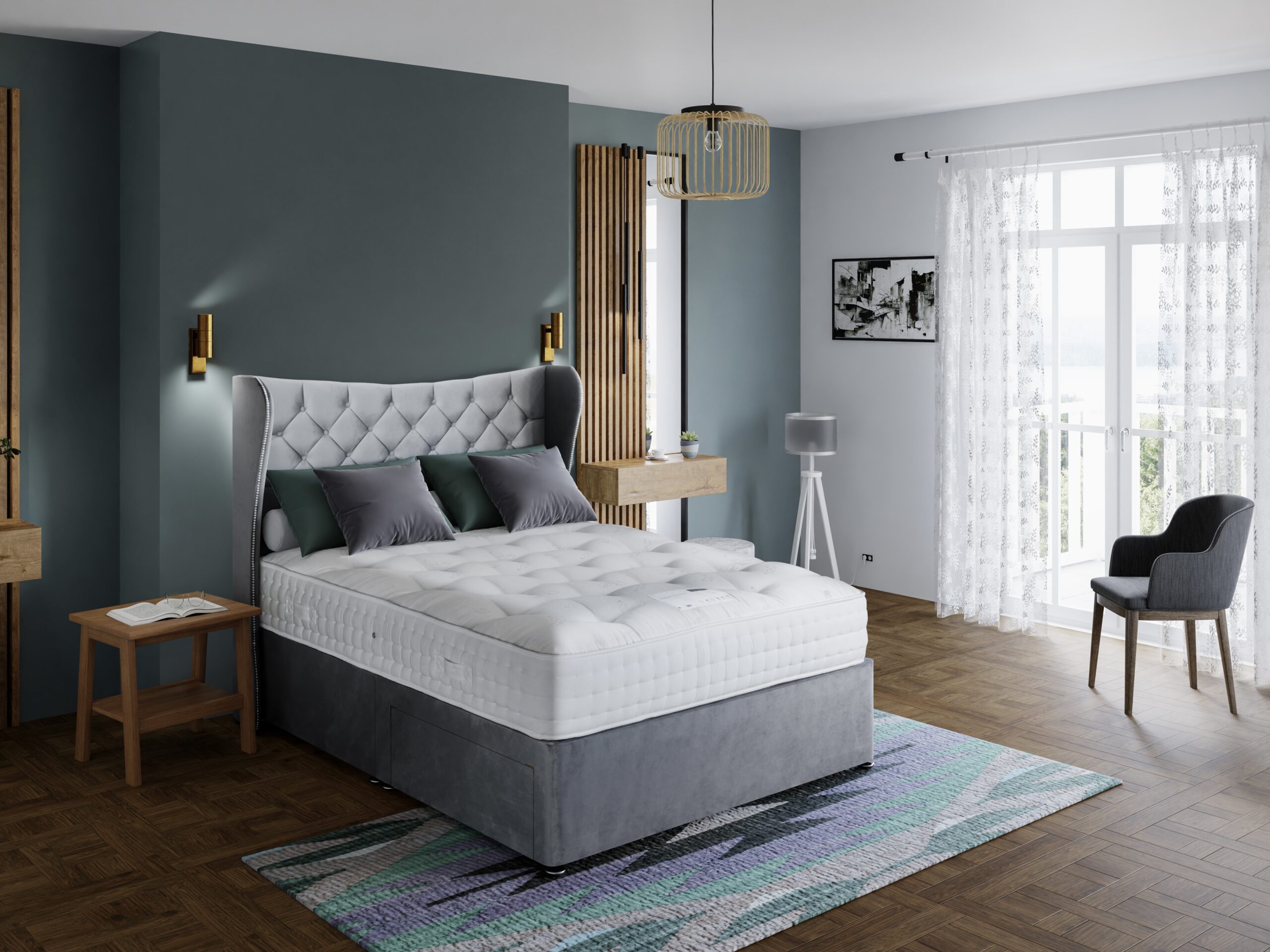 Connoisseur mattress on a grey divan with a buttoned winged headboard