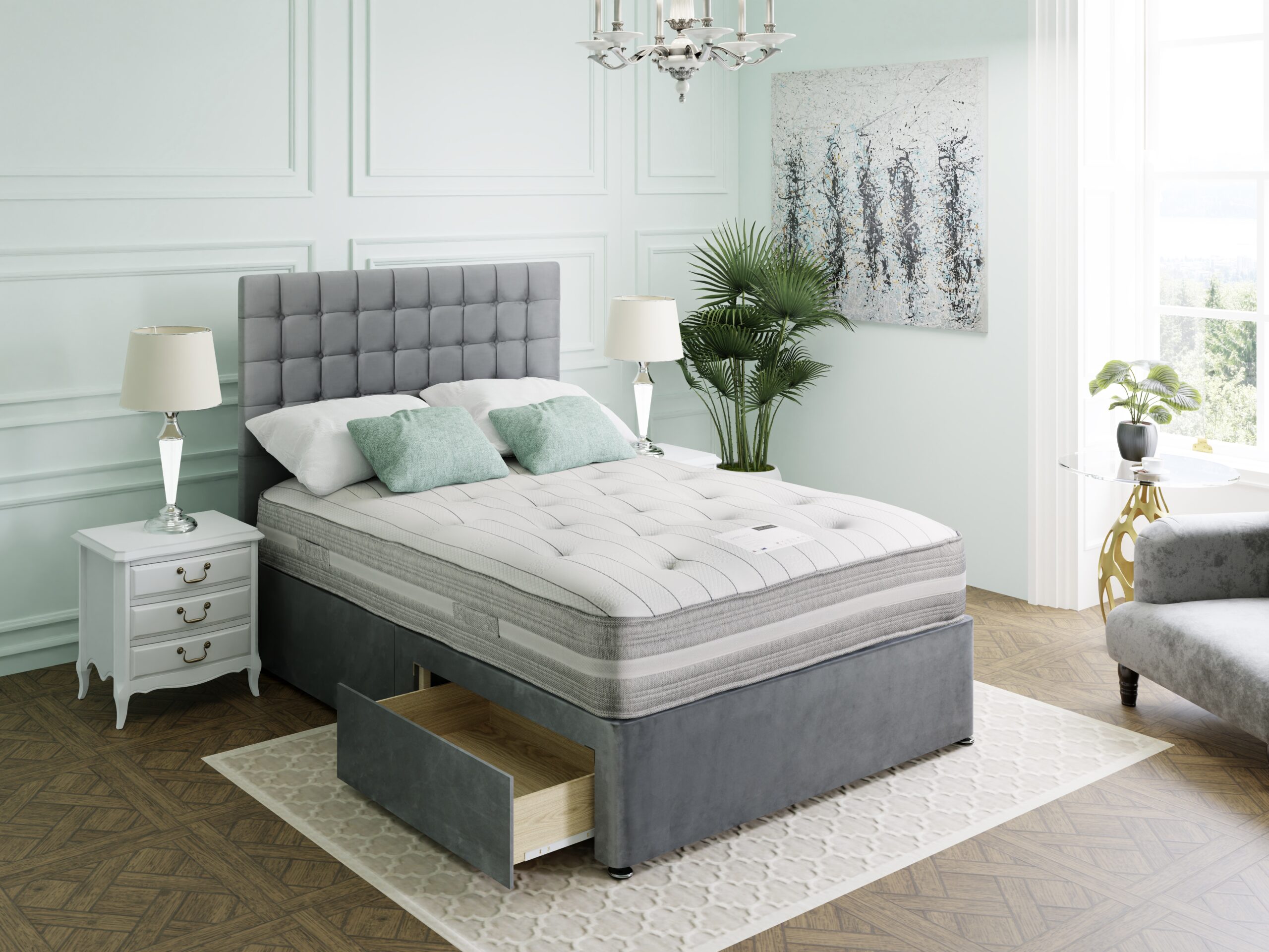 Grey drawer divan base with a drawer open