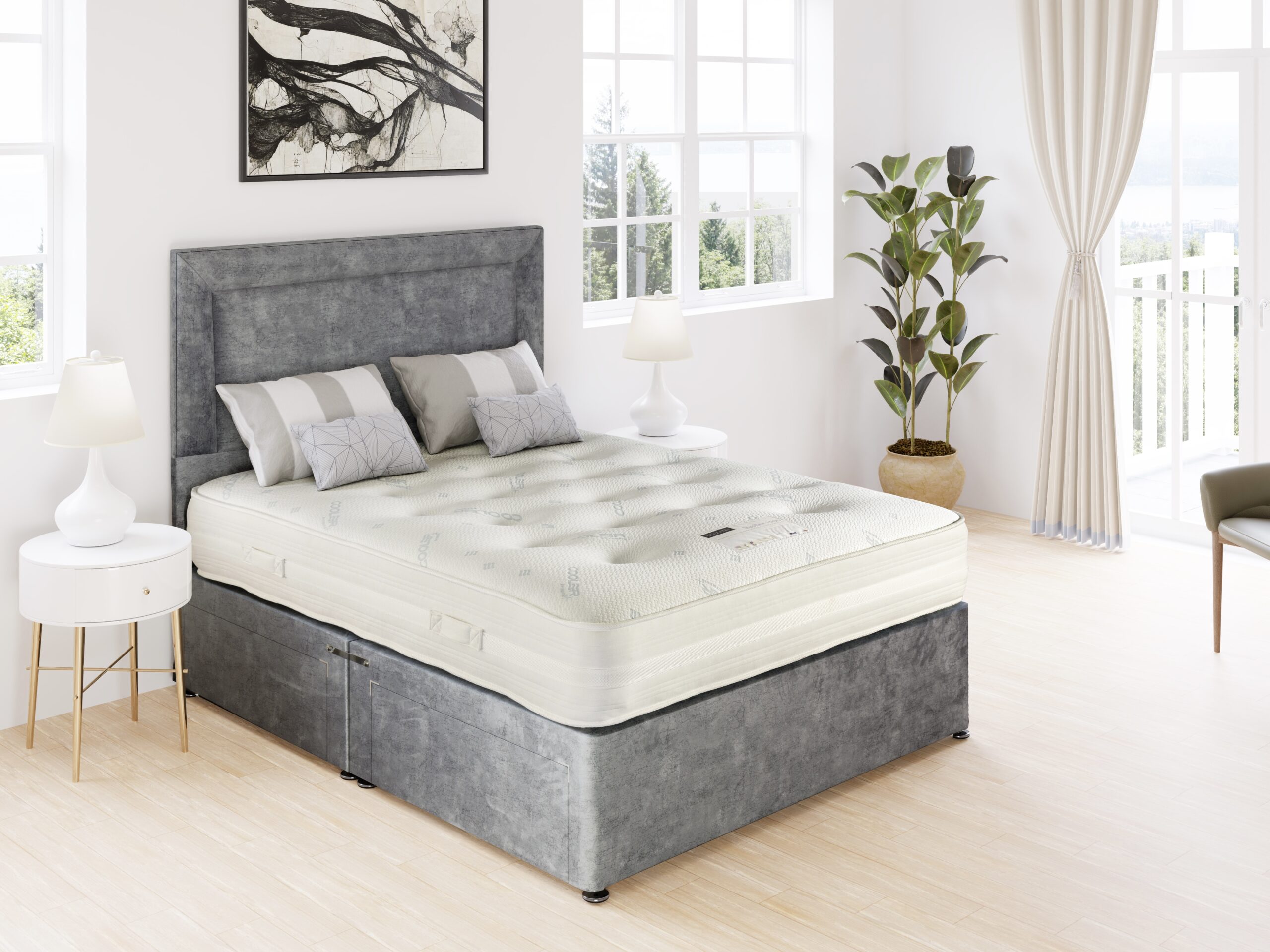 Duo Flex mattress on a grey crushed velvet divan