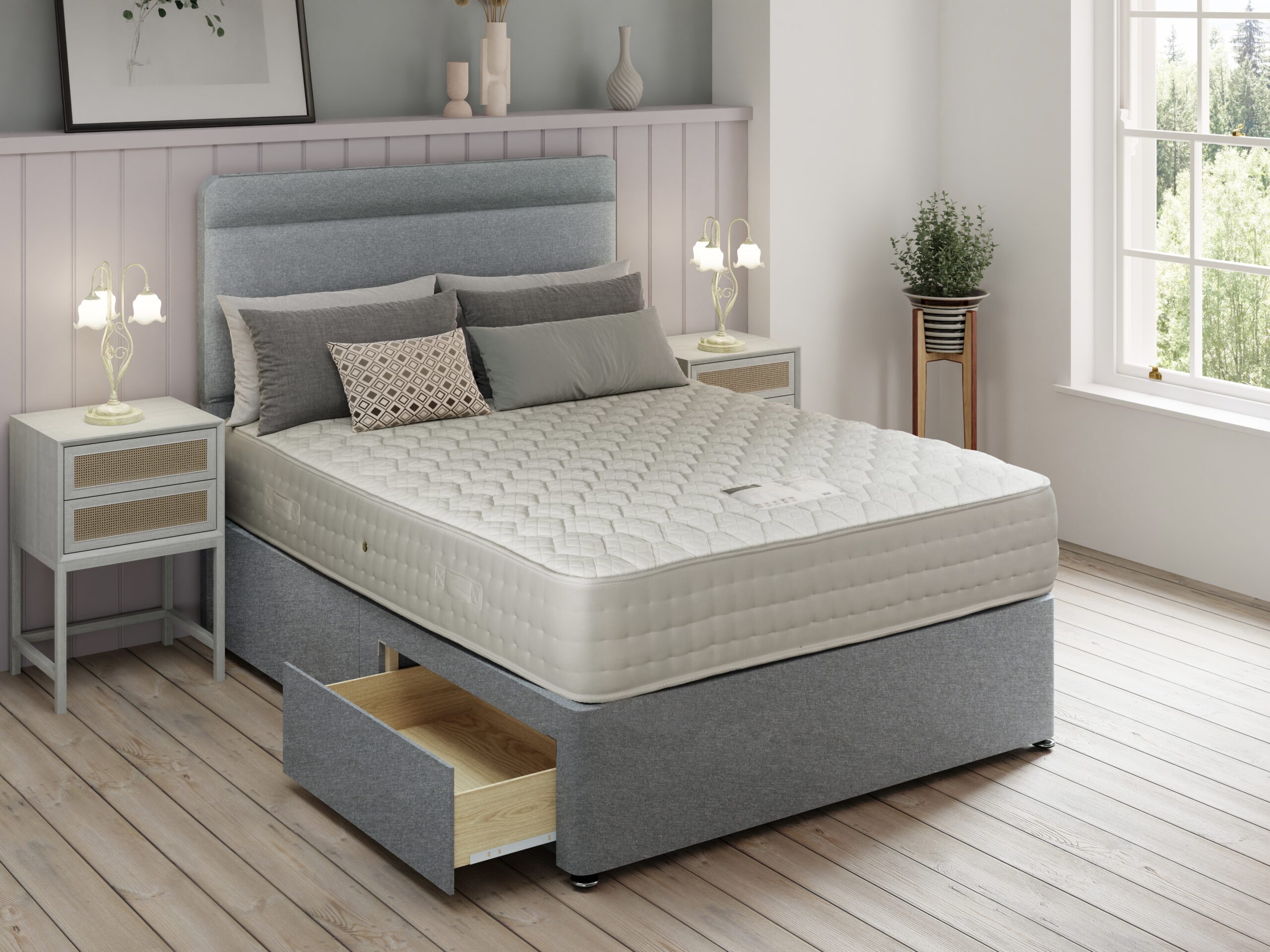 Grosvenor mattress on a grey drawer divan with a panelled headboard