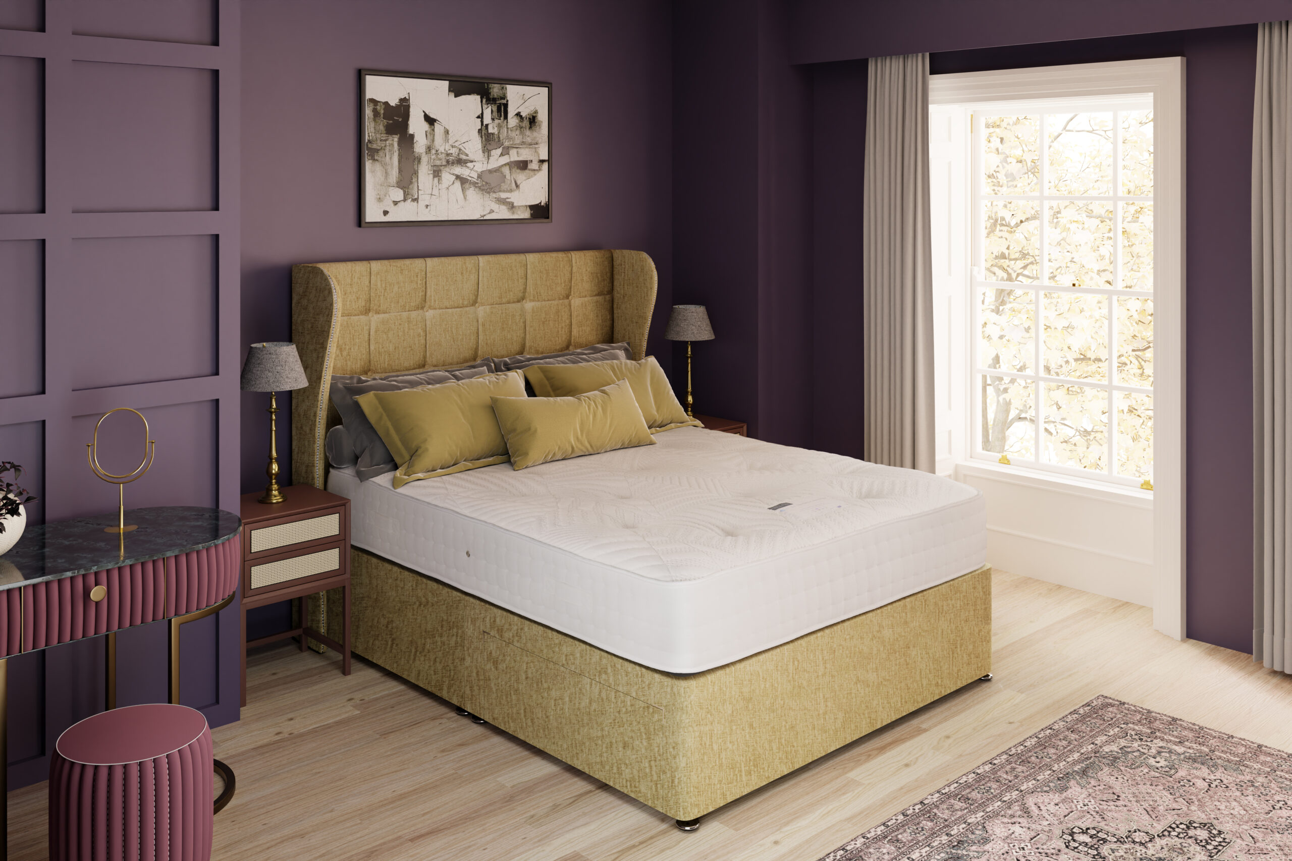 Regent mattress on a gold divan with a winged headboard