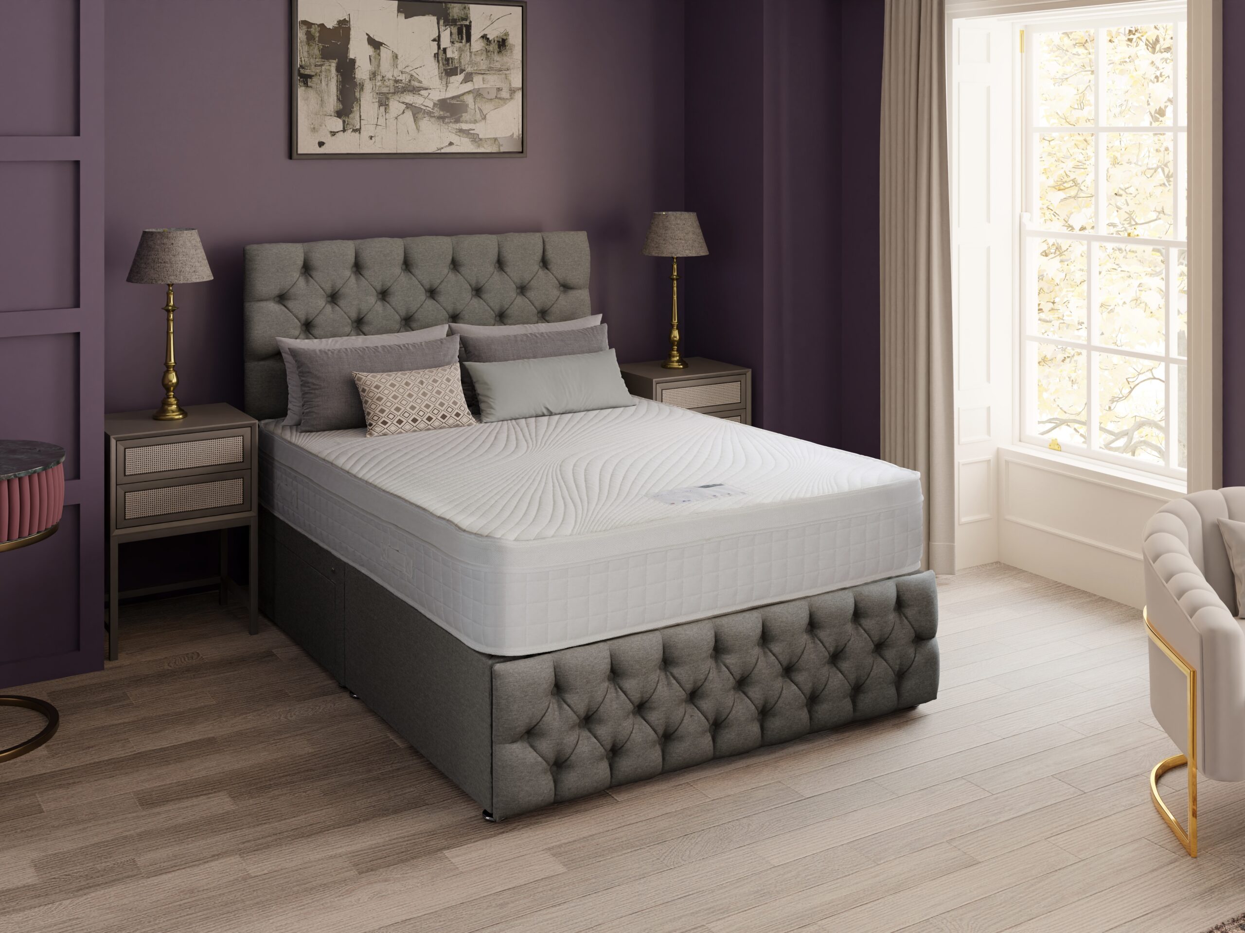 Salerno mattress on a grey buttoned divan with a matching headboard