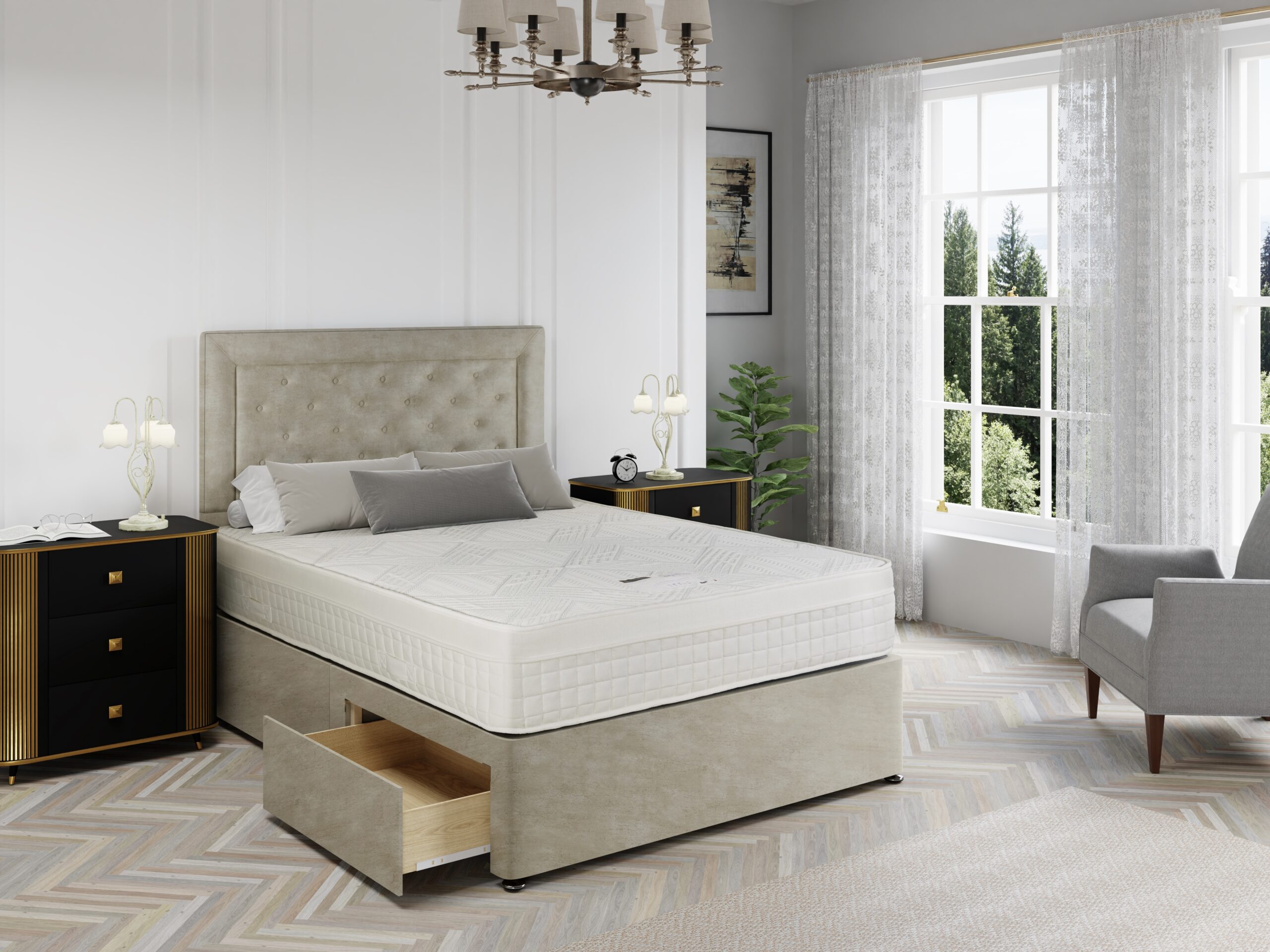 Sorrento mattress on a grey buttoned divan with a matching headboard