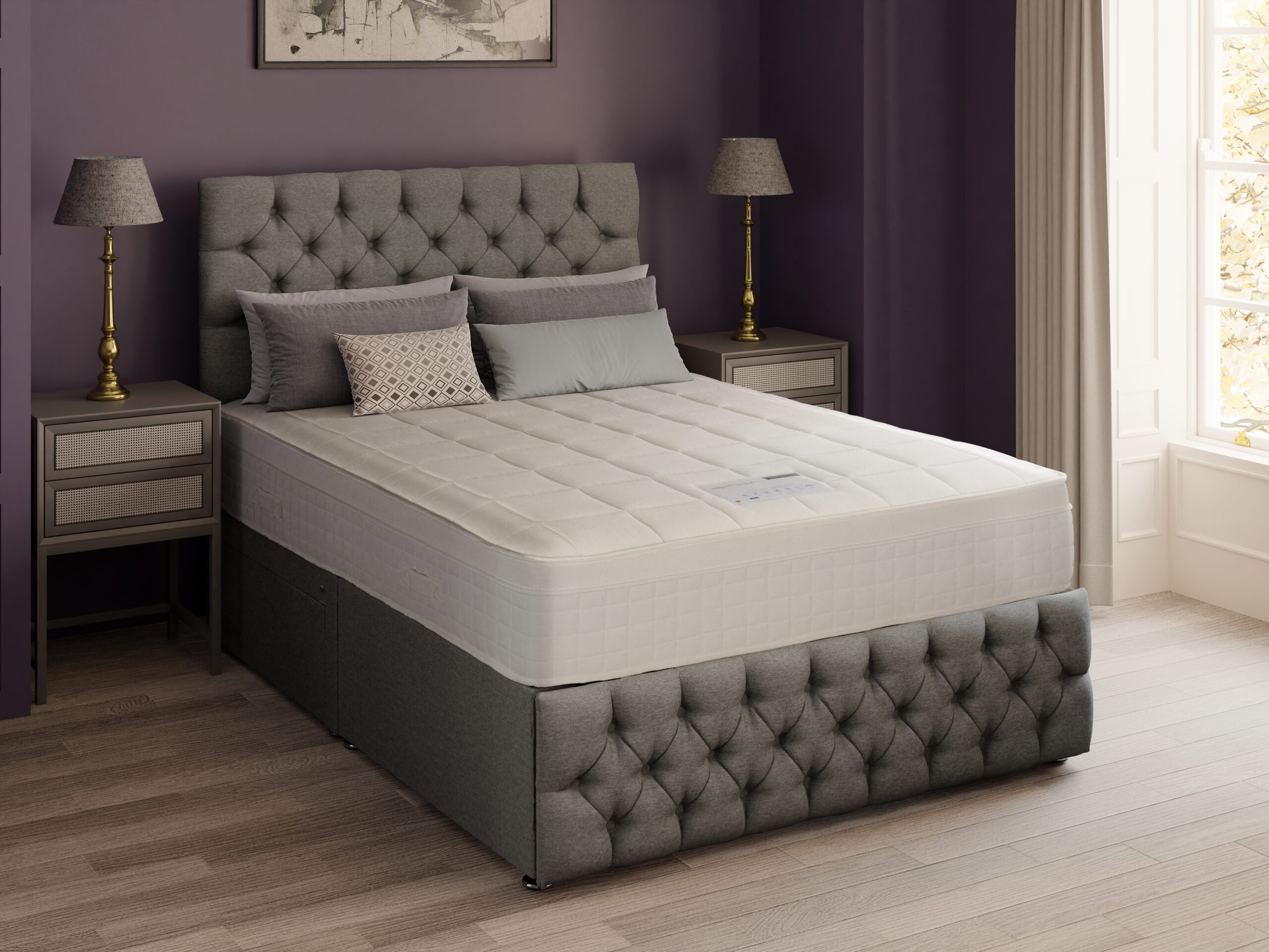 Superb mattress on a grey buttoned divan with a matching headboard